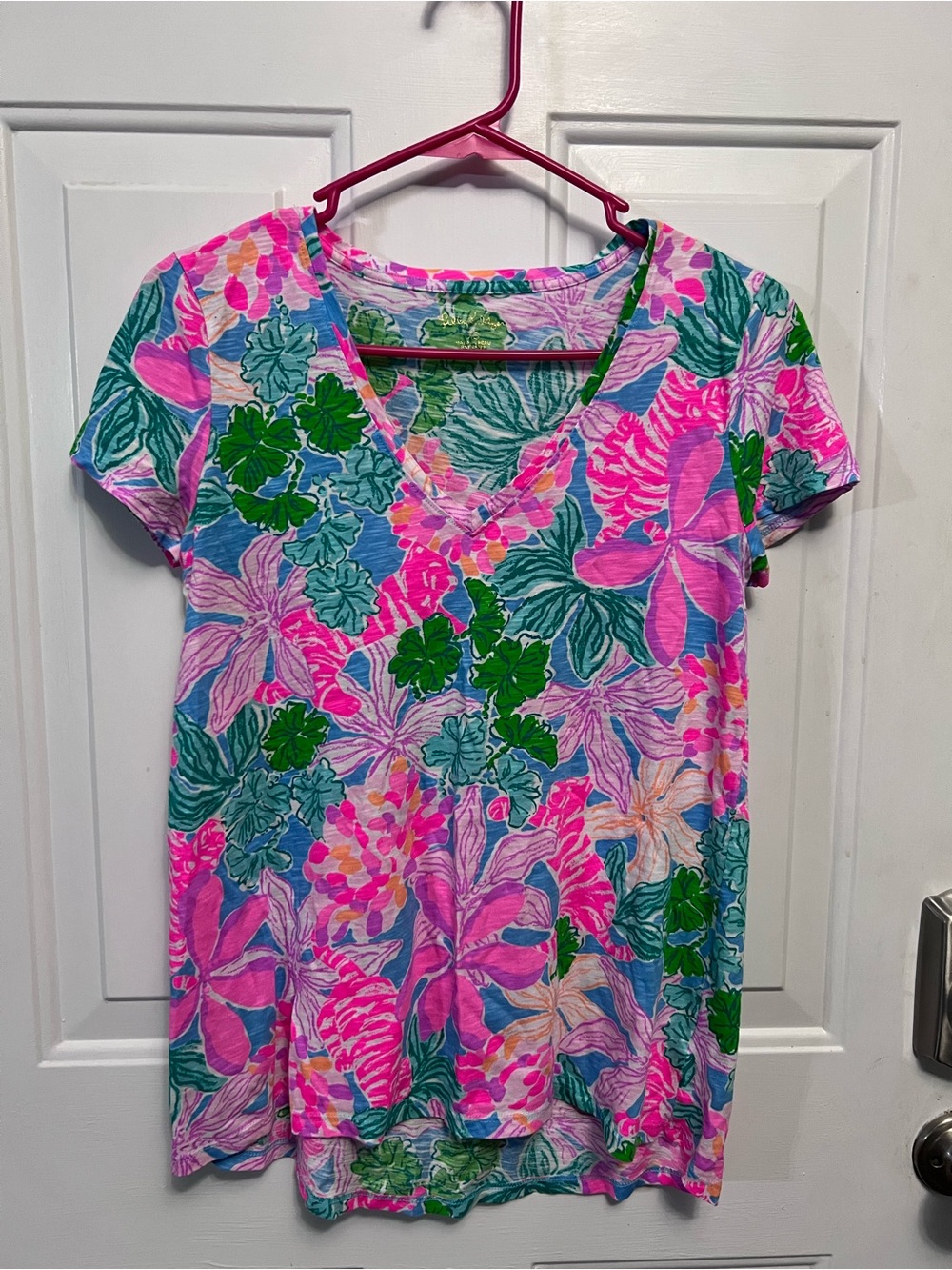 Lilly Pulitzer Etta V Neck Top XS 001504 100% Cotton Multicolor Floral Pink Blue